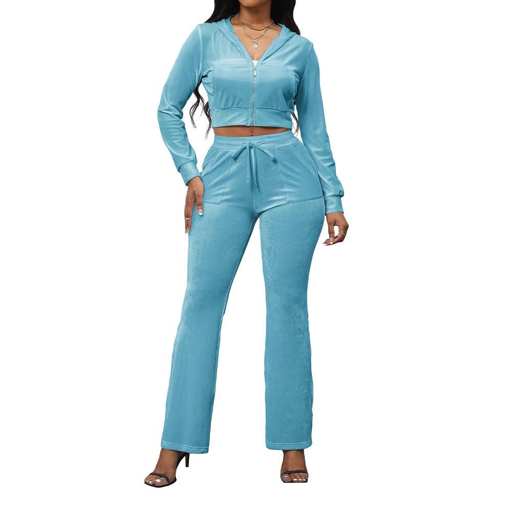 PINSV Women 2PC Velour Tracksuit Set Light Blue Zip Up Crop Top S