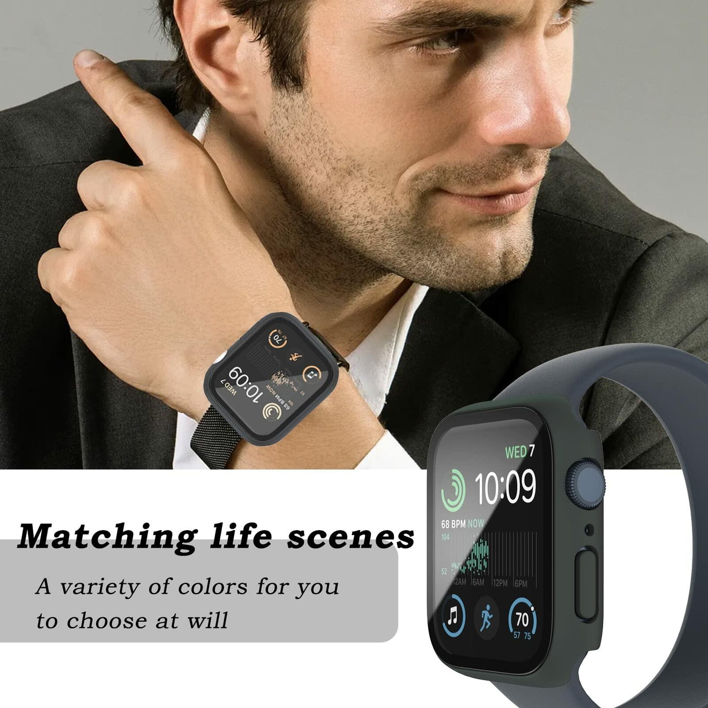 Case Compatible with Apple Watch Series 9 8 7 41mm/45mm PC Bumper with Tempered