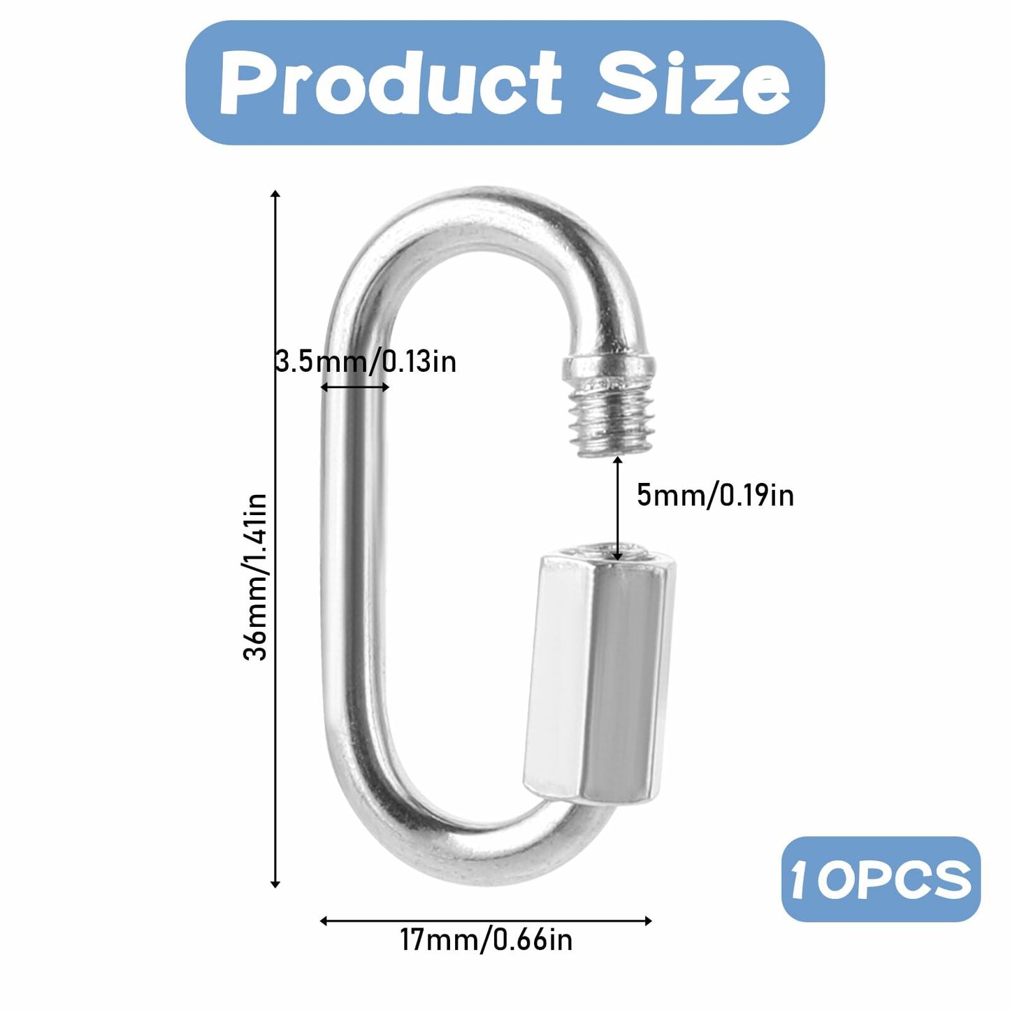 10 Pack Stainless Steel M3.5 Chain Link, D Shape Locking Quick Chain Links 1/8"