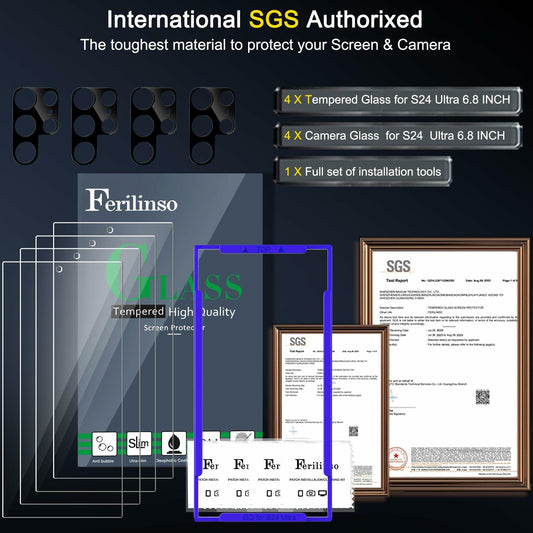 Ferilinso 4 Pack Screen Protector for Samsung Galaxy S24 Ultra with 4 Pack