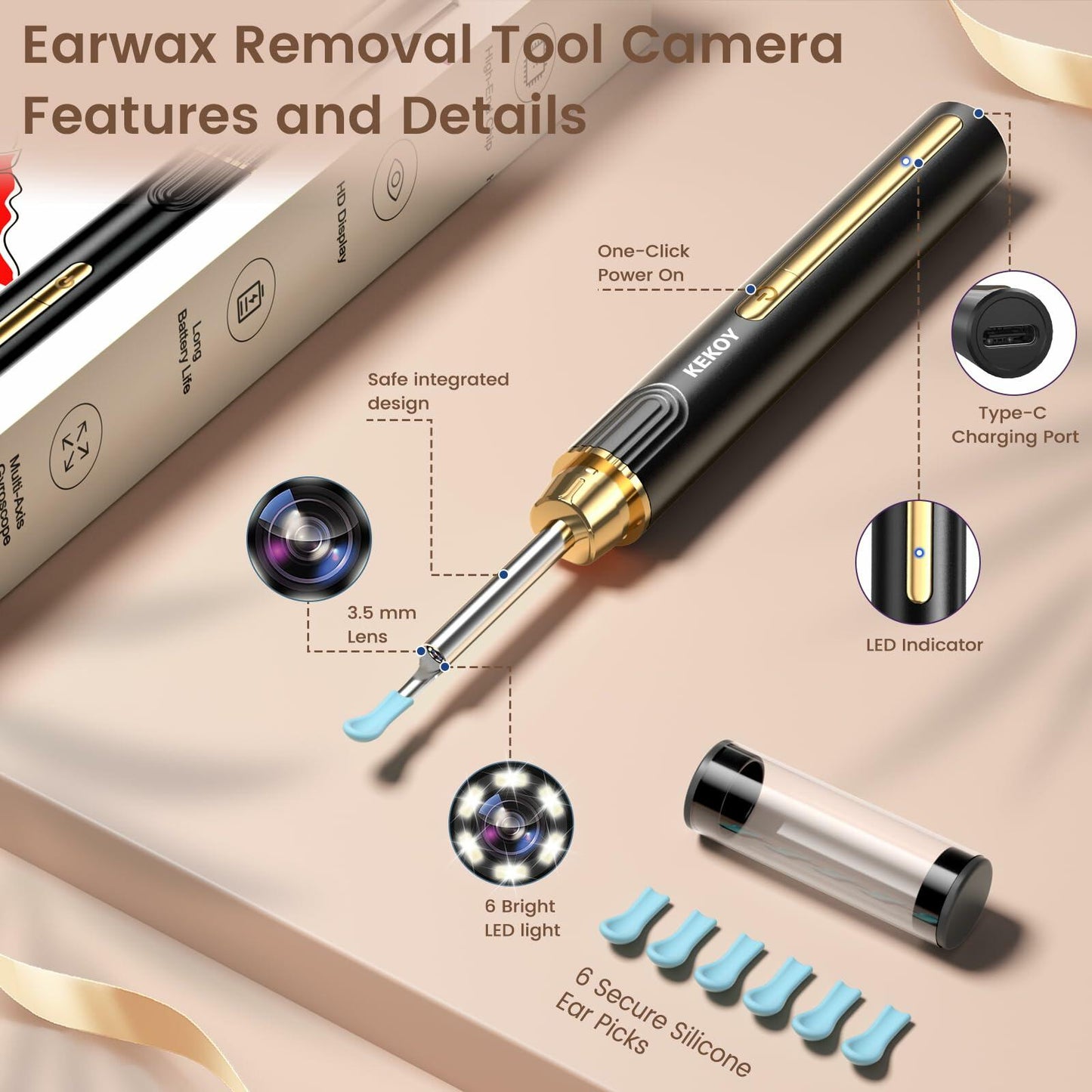 P8 Ear Cleaner Camera 1296P HD WiFi Otoscope Light Gold New