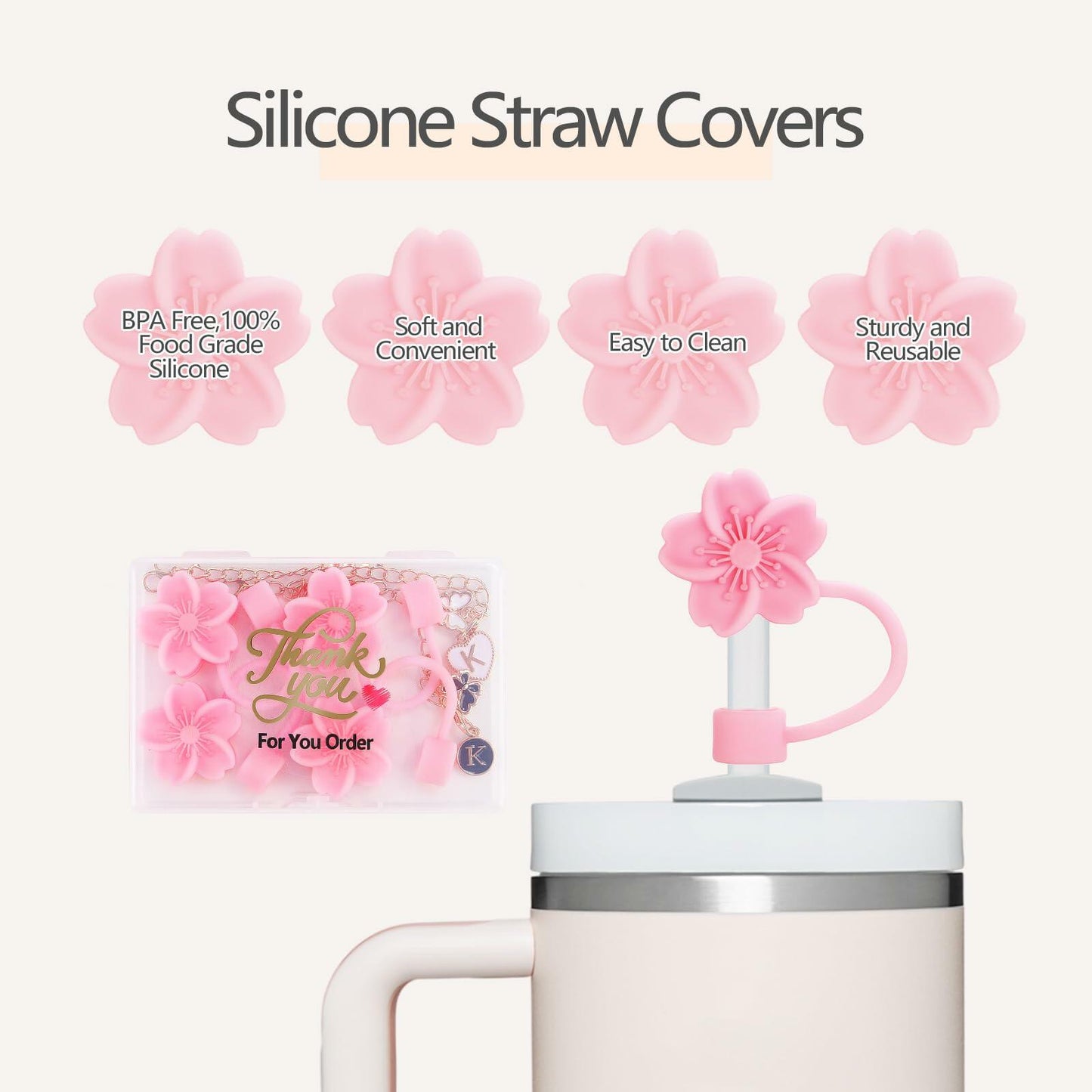 Sloworld 4PCS Straw Covers for Stanley 30/40oz + 2PCS J Letter Charms