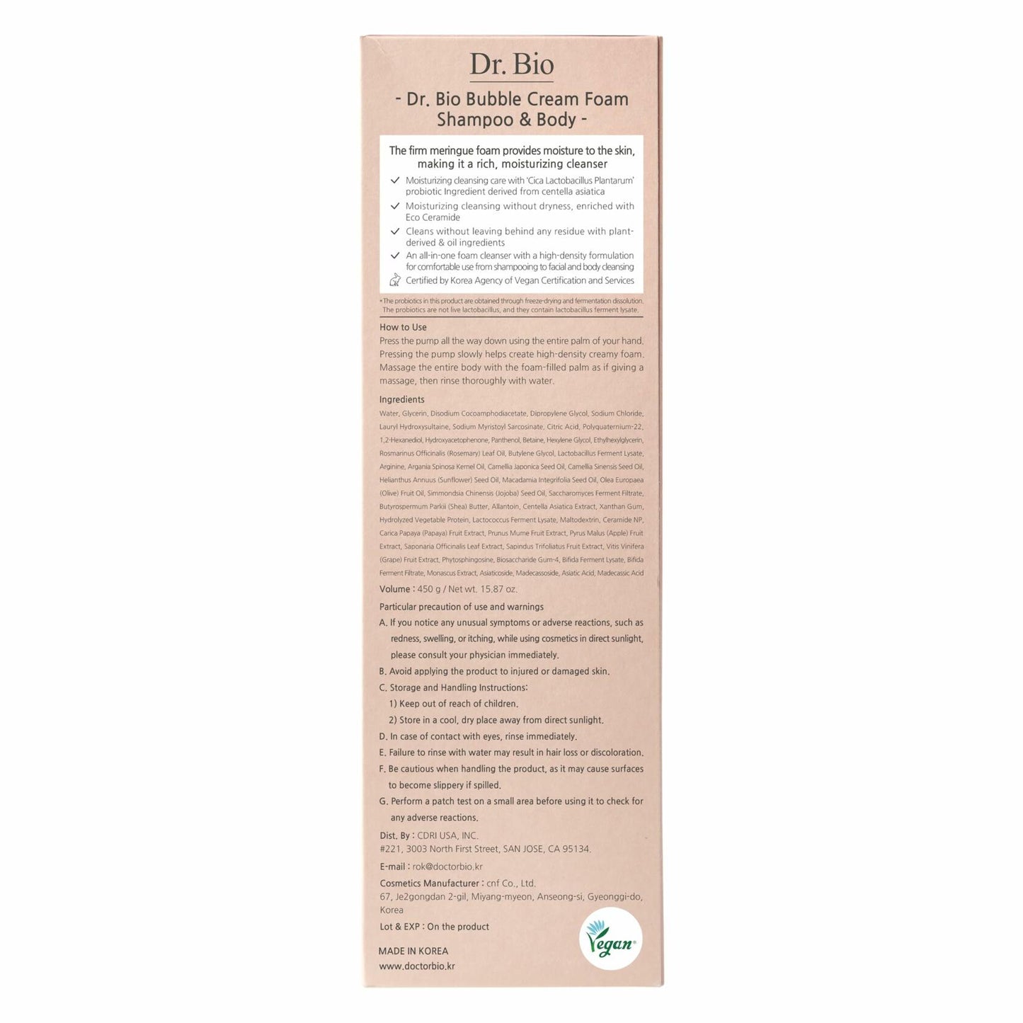 Dr.Bio Bubble Cream Foam Shampoo & Body Wash 15.87oz All-in-One Cleanser