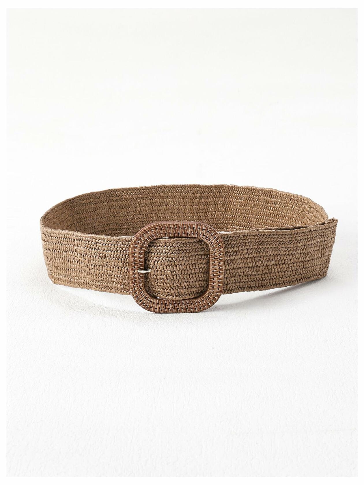 Verdusa Women's Square Buckle Straw Belt – Elastic Woven Waist, Brown, Size 70