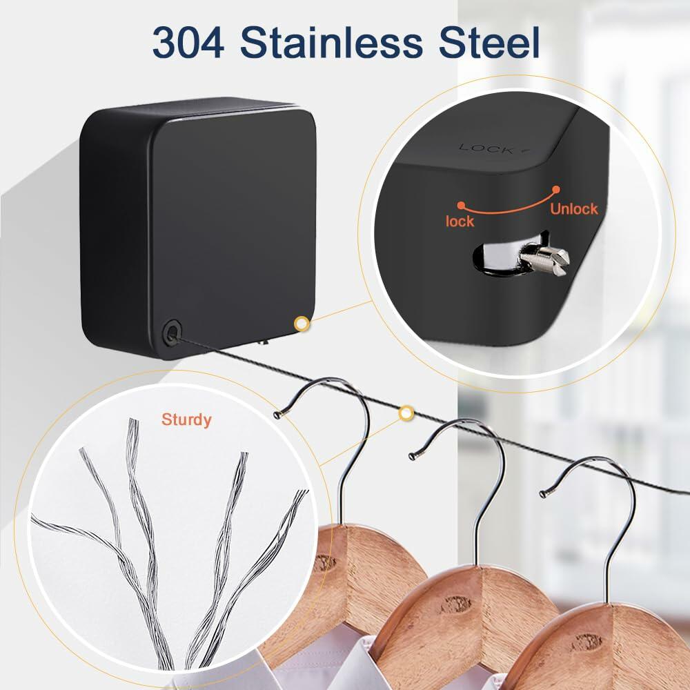 Retractable Clothesline Indoor Wall Mount 11.5ft Black Stainless Steel