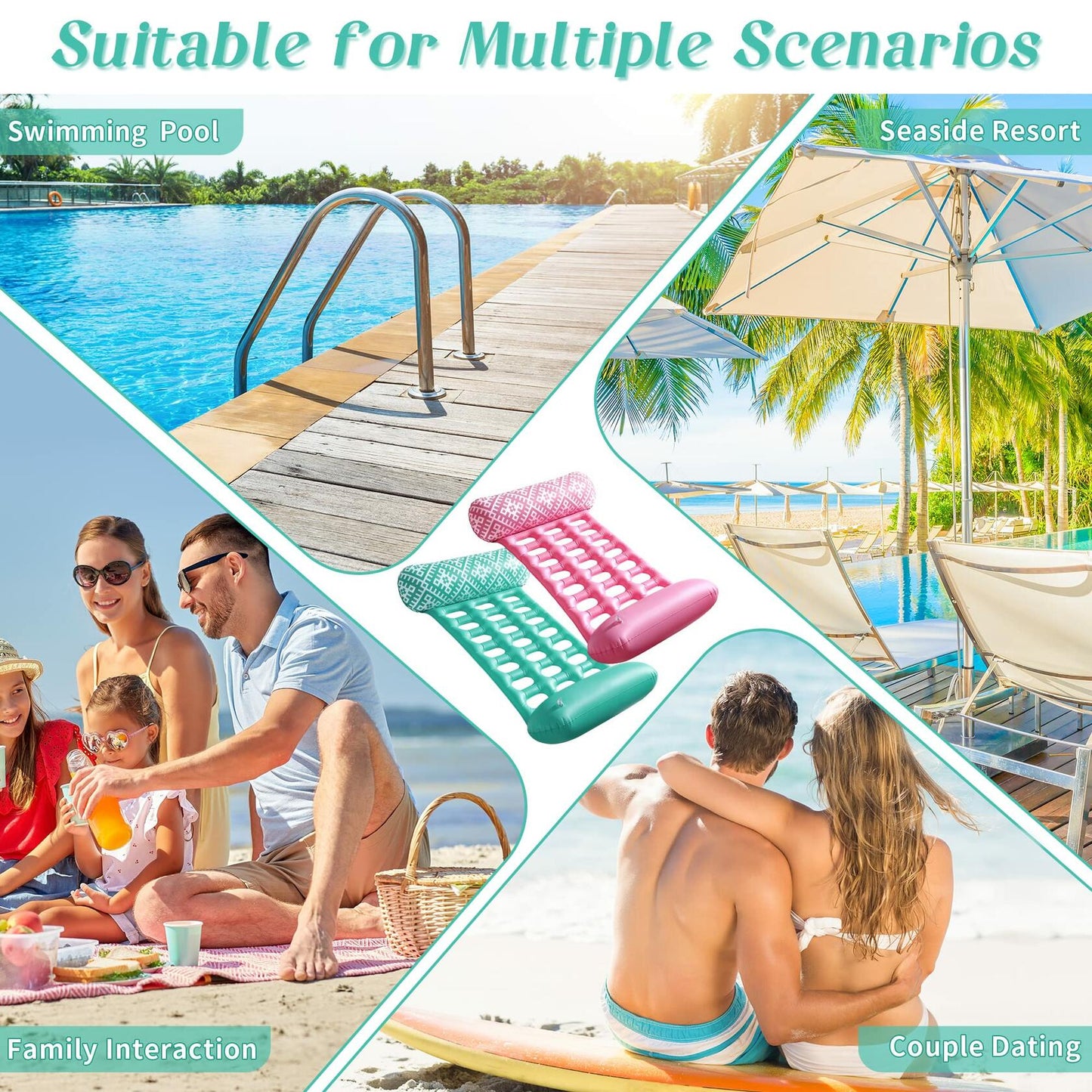 2 Pack Adult 4-in-1 Pool Floats, Inflatable Multi-Purpose Pool Floaties