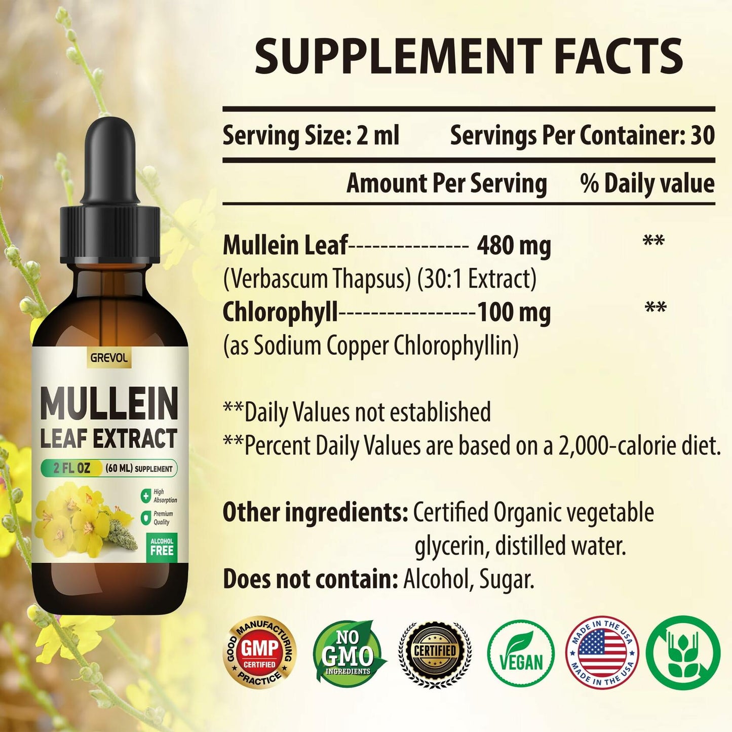 BestBy05/26 Grevol Mullein Drops Organic Herbal Tincture 2oz Respiratory Support