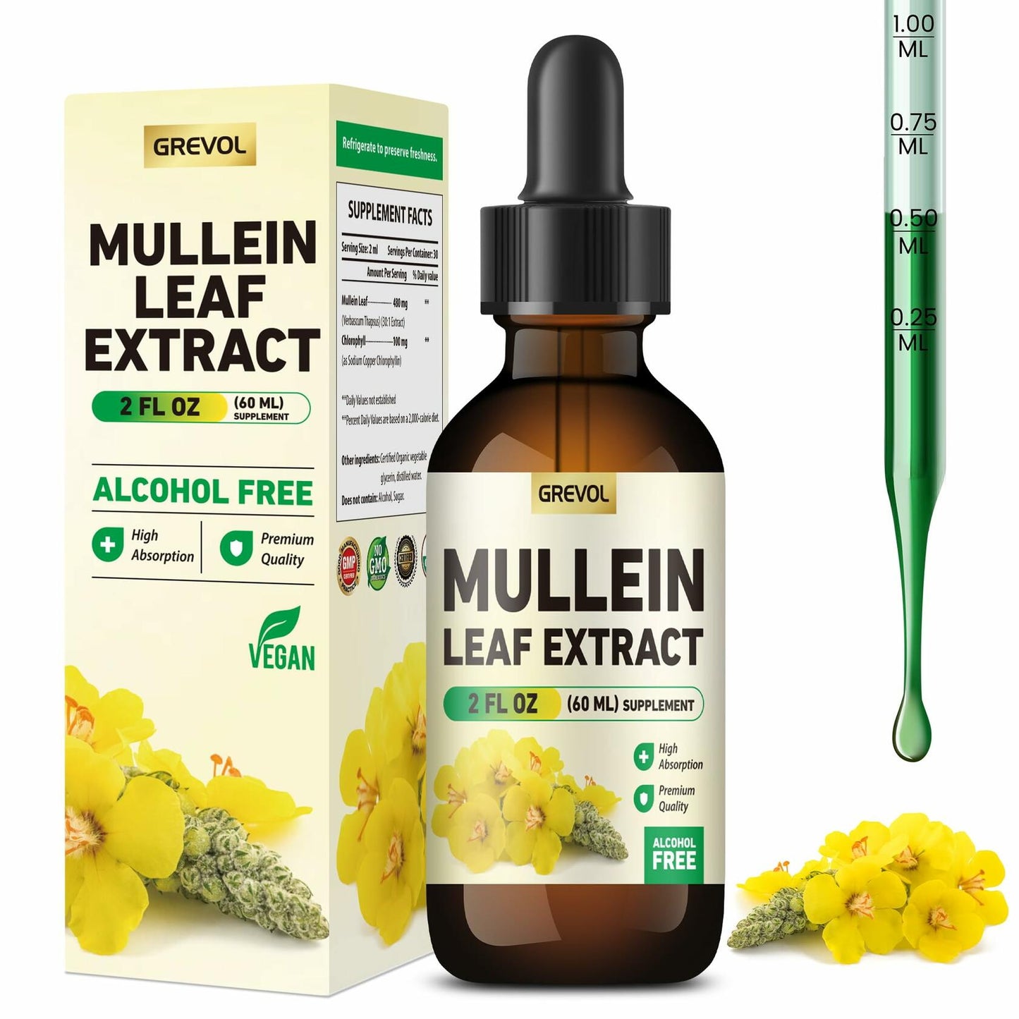 BestBy05/26 Grevol Mullein Drops Organic Herbal Tincture 2oz Respiratory Support