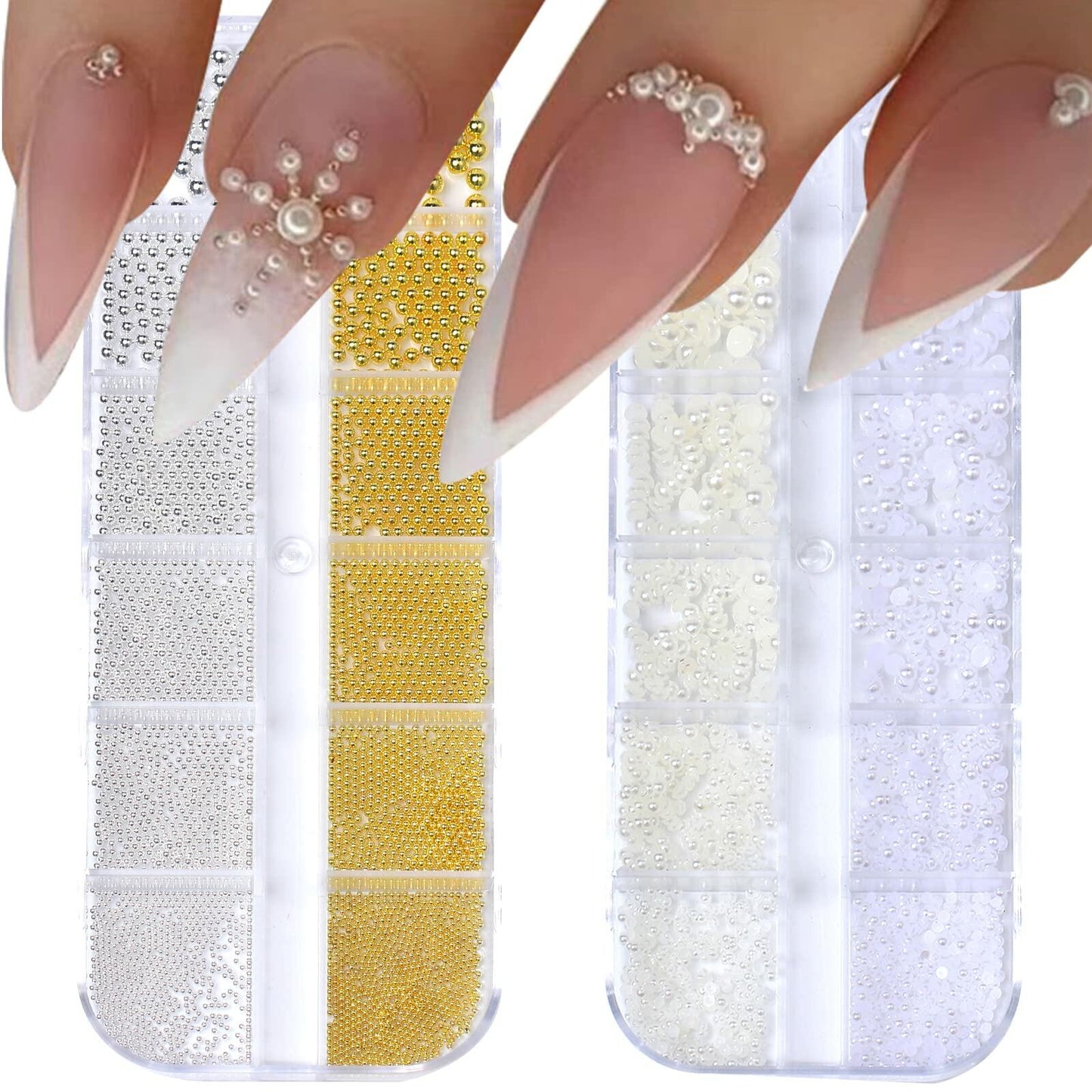 Nail Art Pearls Flatback Charms Mixed Sizes Gold Silver White - 2 Boxes