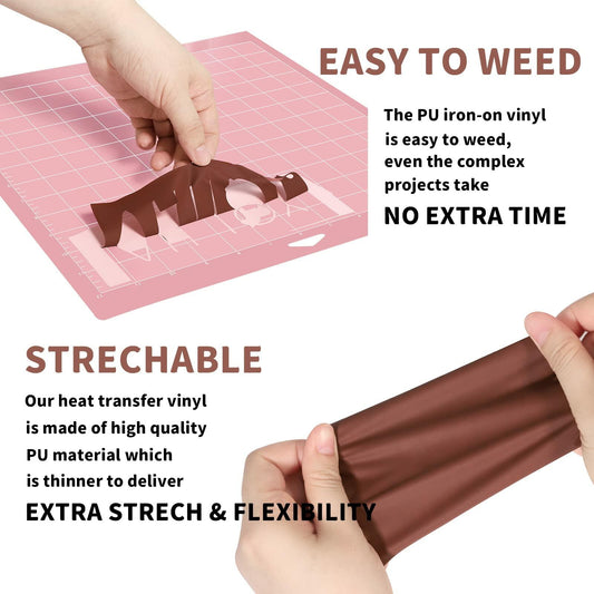 AHIJOY Heat Transfer Vinyl 12"x15ft Chocolate Brown HTV Iron-On for Garments