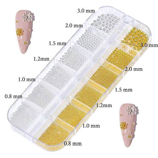 Nail Art Pearls Flatback Charms Mixed Sizes Gold Silver White - 2 Boxes