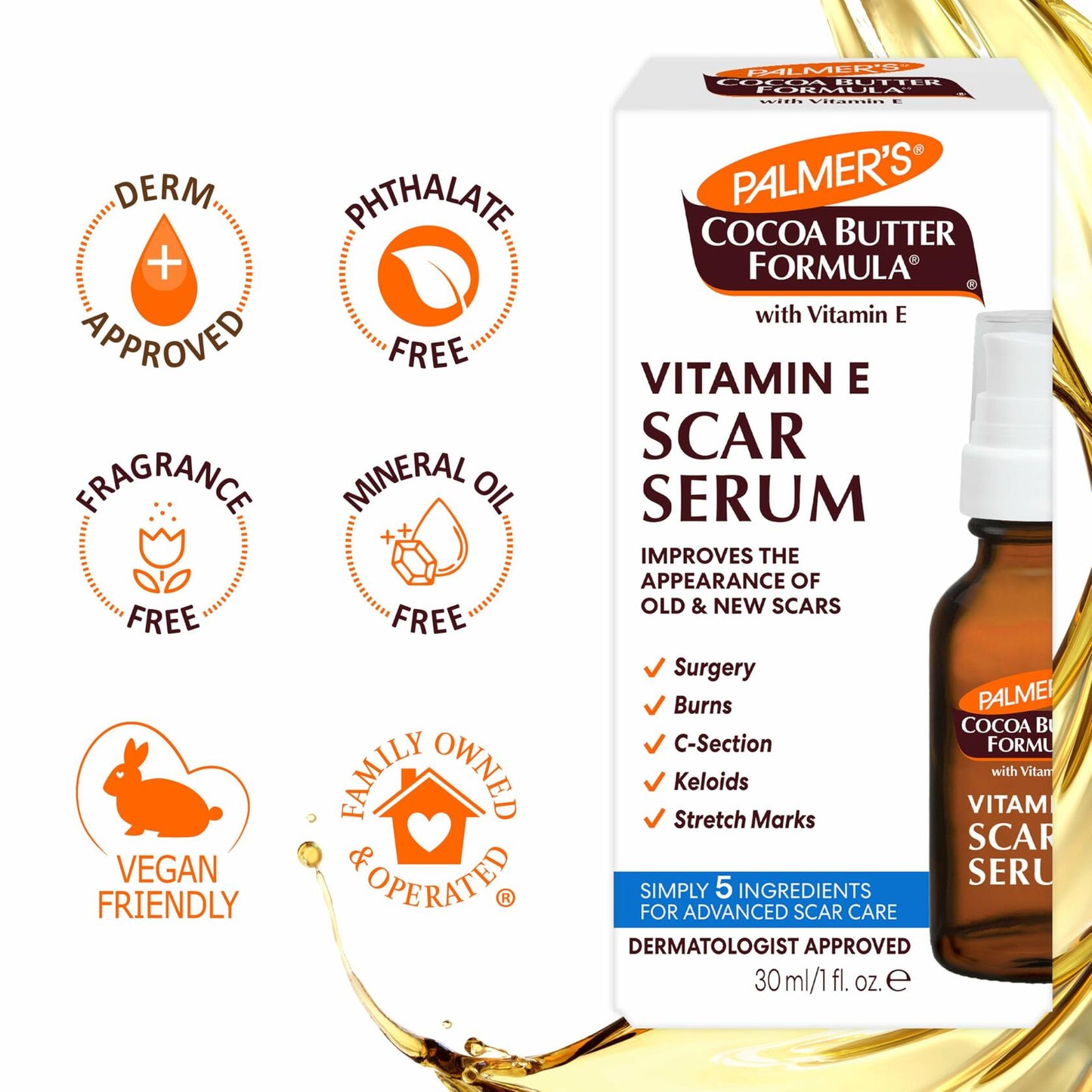 Palmer's Cocoa Butter Scar Serum Fragrance Free Vitamin E 1 oz Skin Oil