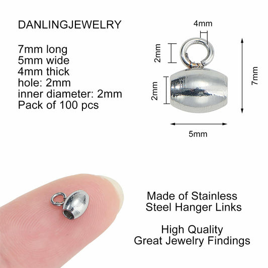 DanLingJewelry 100Pcs Stainless Steel Oval Bail Beads Silver 7x5x4mm Hole 2mm