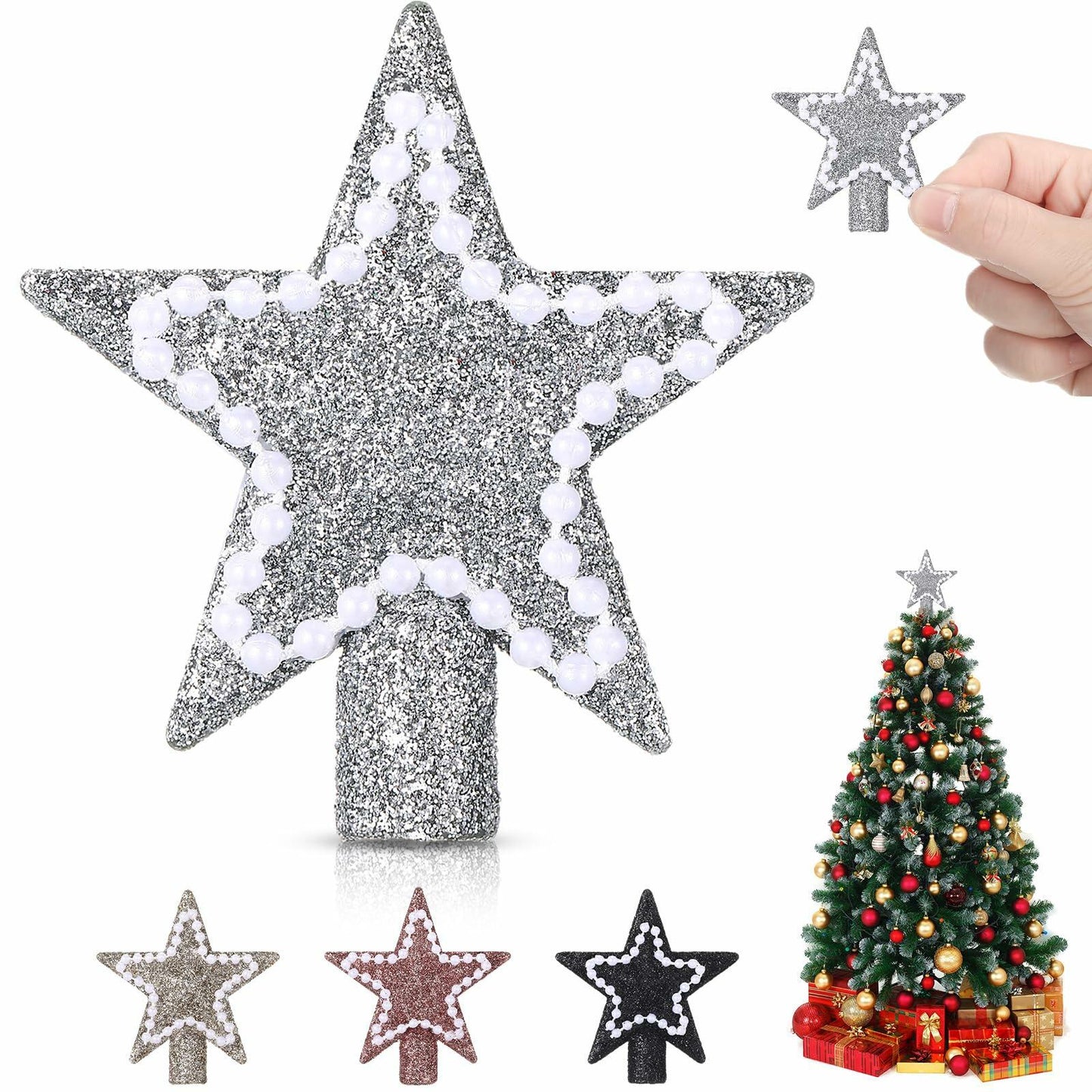 Hollowfly Mini Star Christmas Tree Topper Silver Pearl Decoration 2 Inch