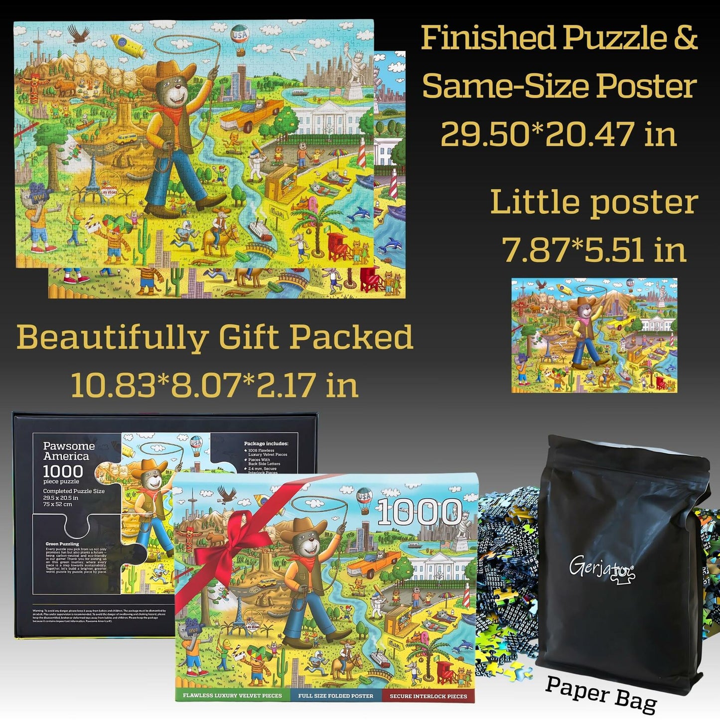 GERJATO Cats & Dogs USA Map Puzzle 1000pc with Poster & Saver Sheets