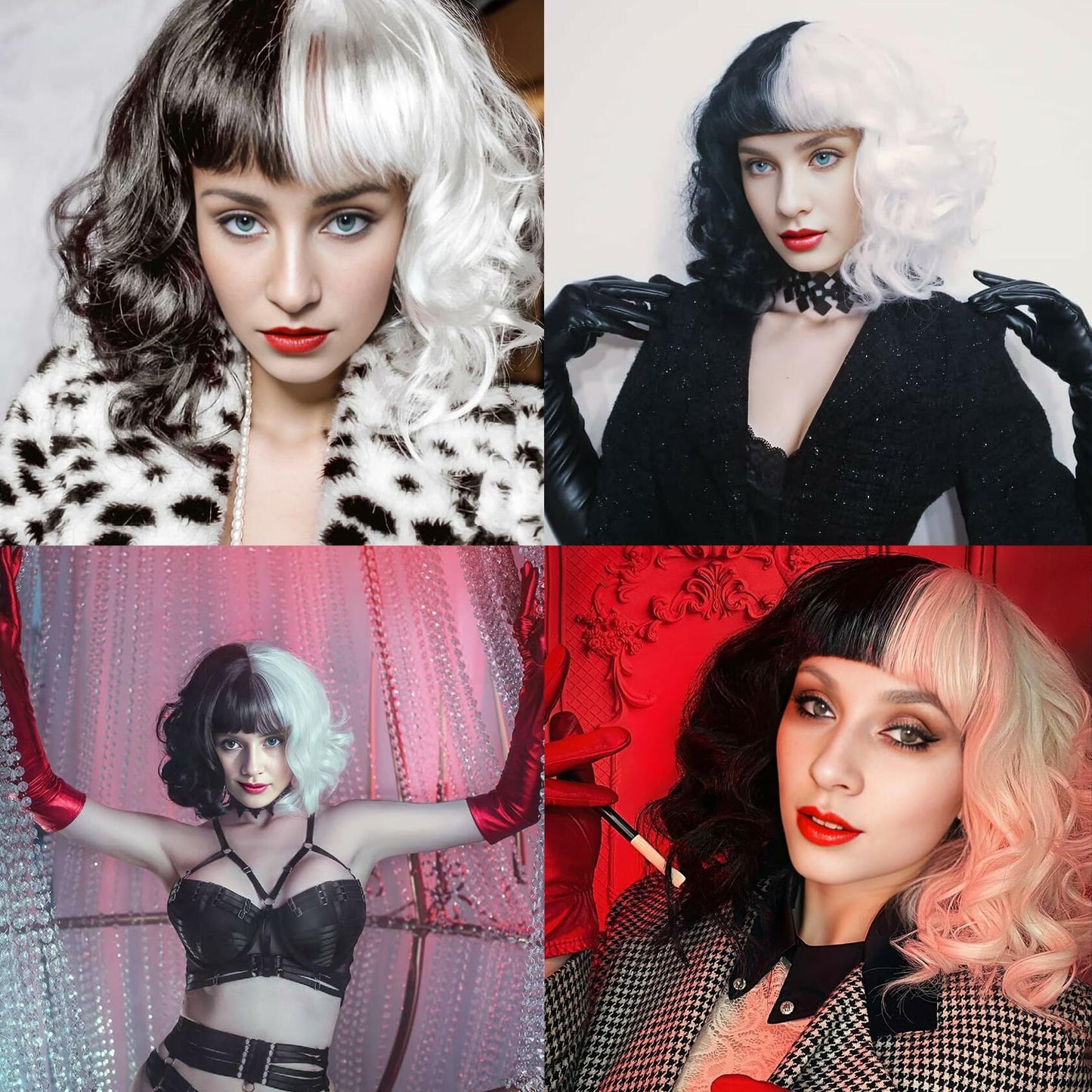 MUPUL Black And White Short Curly Wig with Bangs Halloween Costume Wig