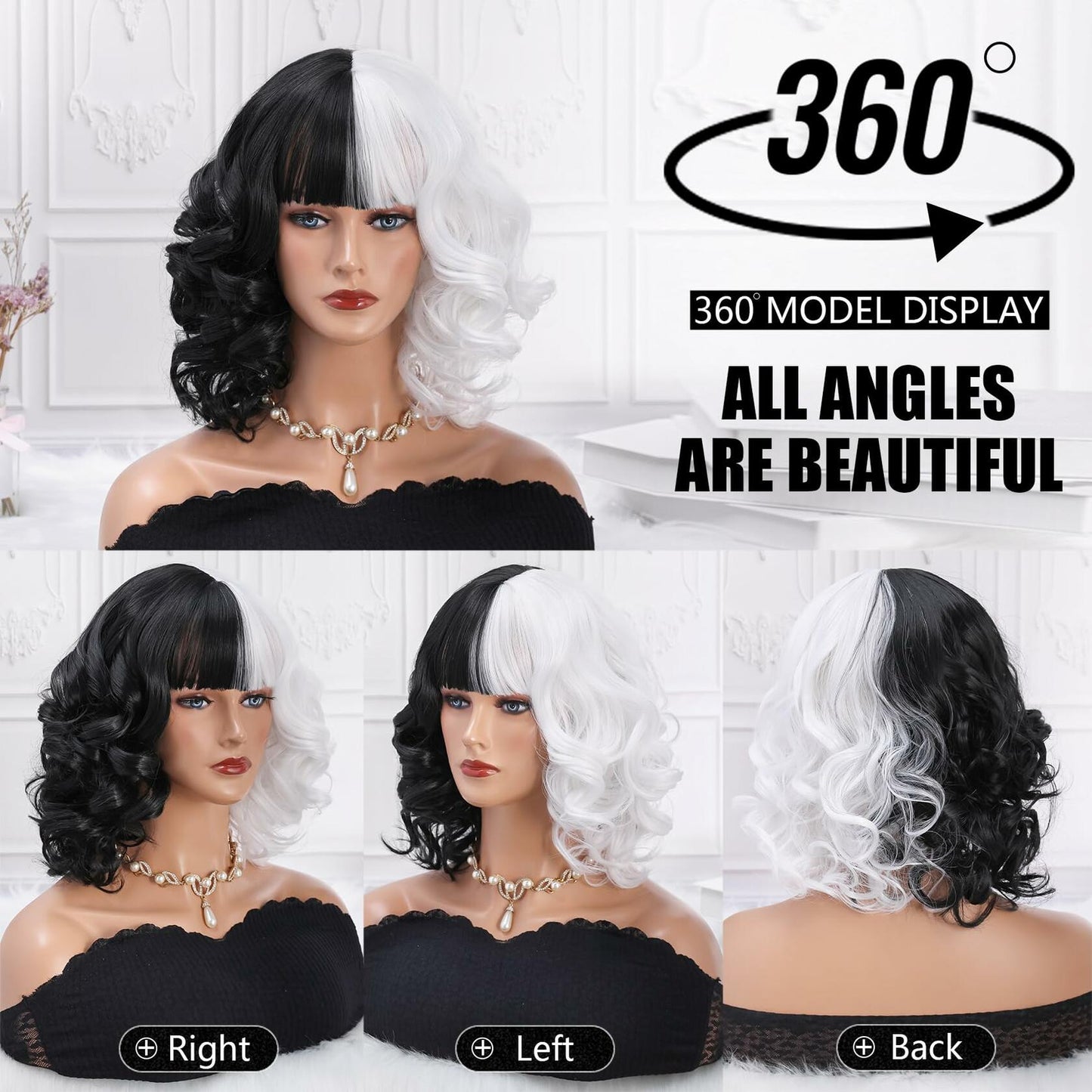 MUPUL Black And White Short Curly Wig with Bangs Halloween Costume Wig