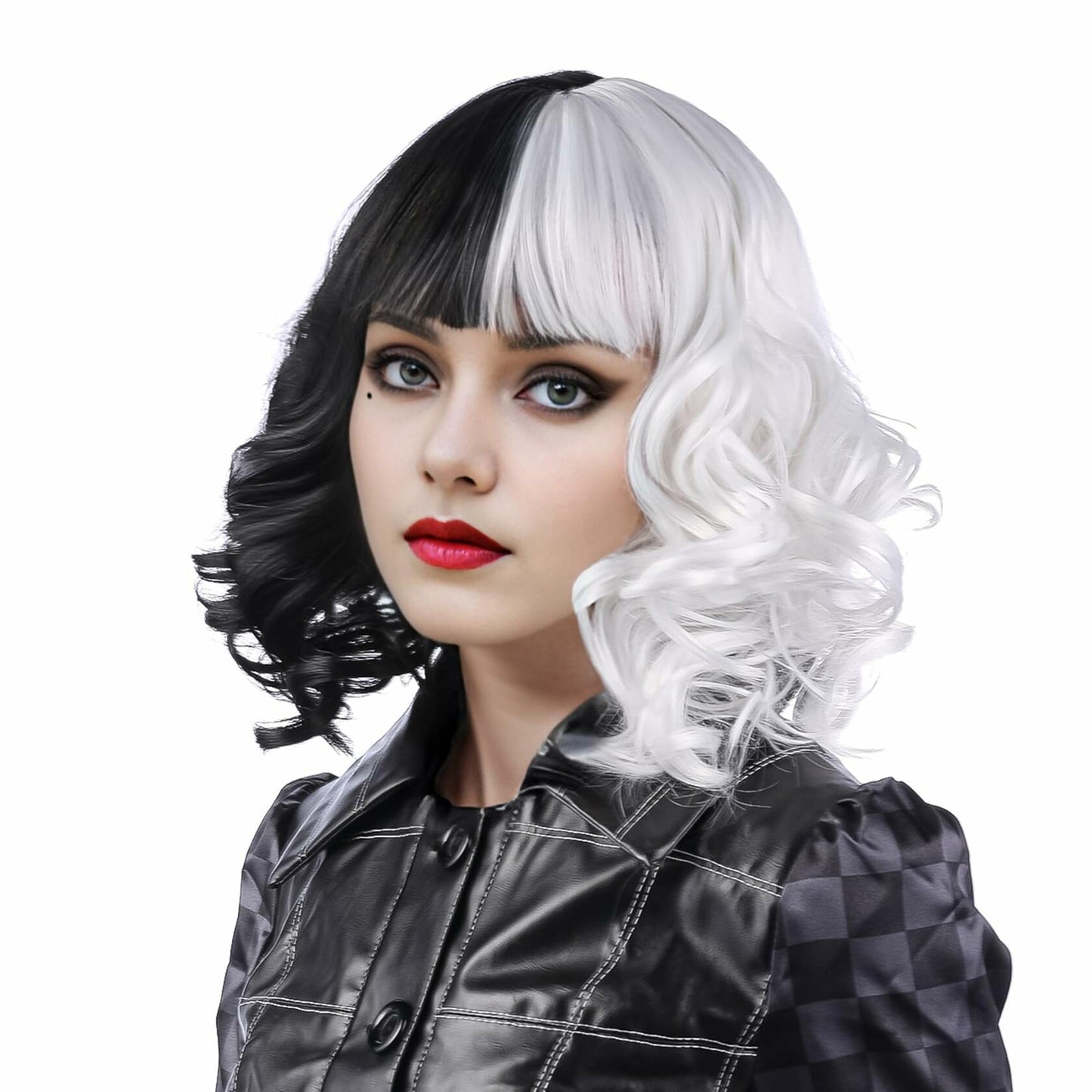 MUPUL Black And White Short Curly Wig with Bangs Halloween Costume Wig
