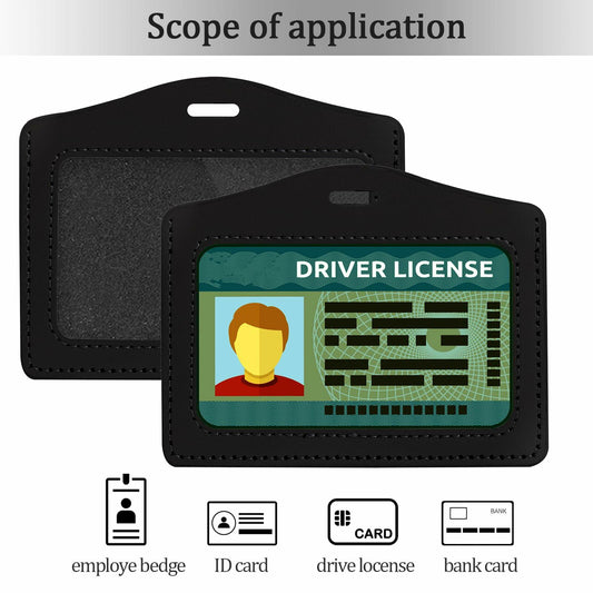 2 Pcs Genuine Leather Horizontal ID Badge Holders Clear Waterproof Black Gray