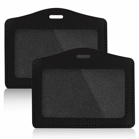 2 Pcs Genuine Leather Horizontal ID Badge Holders Clear Waterproof Black Gray