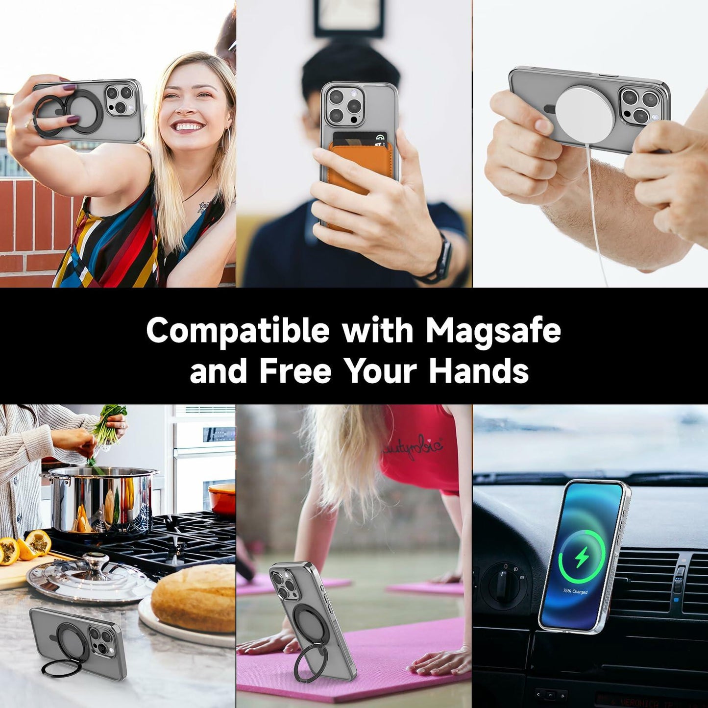 Vongong iPhone 16 Pro Max Gray Magnetic Case Drop-Proof with 360° Ring Stand