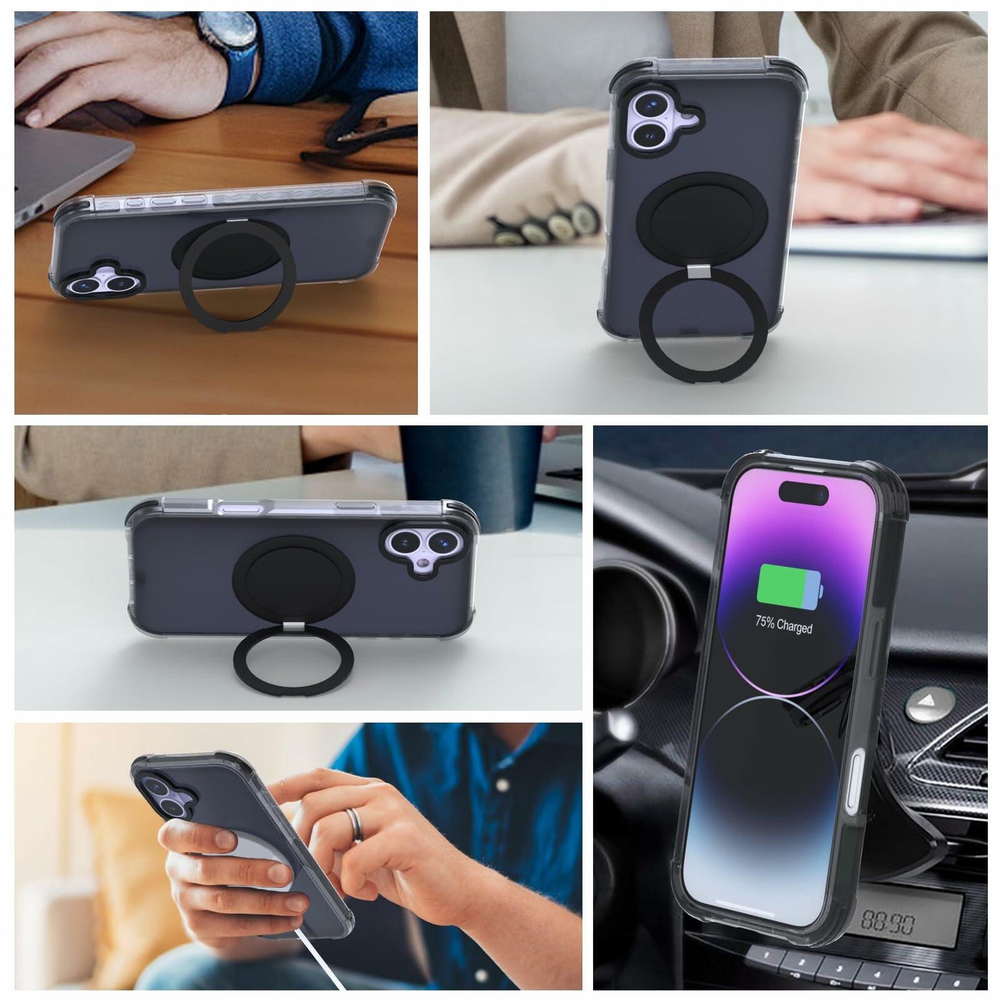 FUGTBLESS iPhone 16 Case 6.1" Translucent Magnetic O-Ring 360° Stand