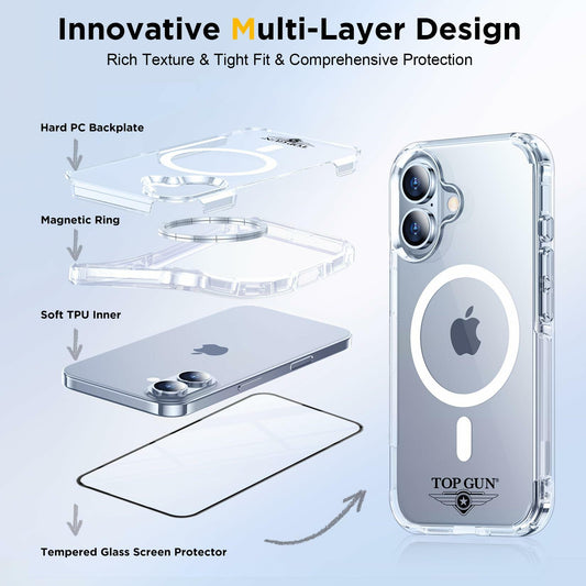 Top Gun iPhone 16 Case 6.1" Clear Magnetic Military-Grade Shockproof