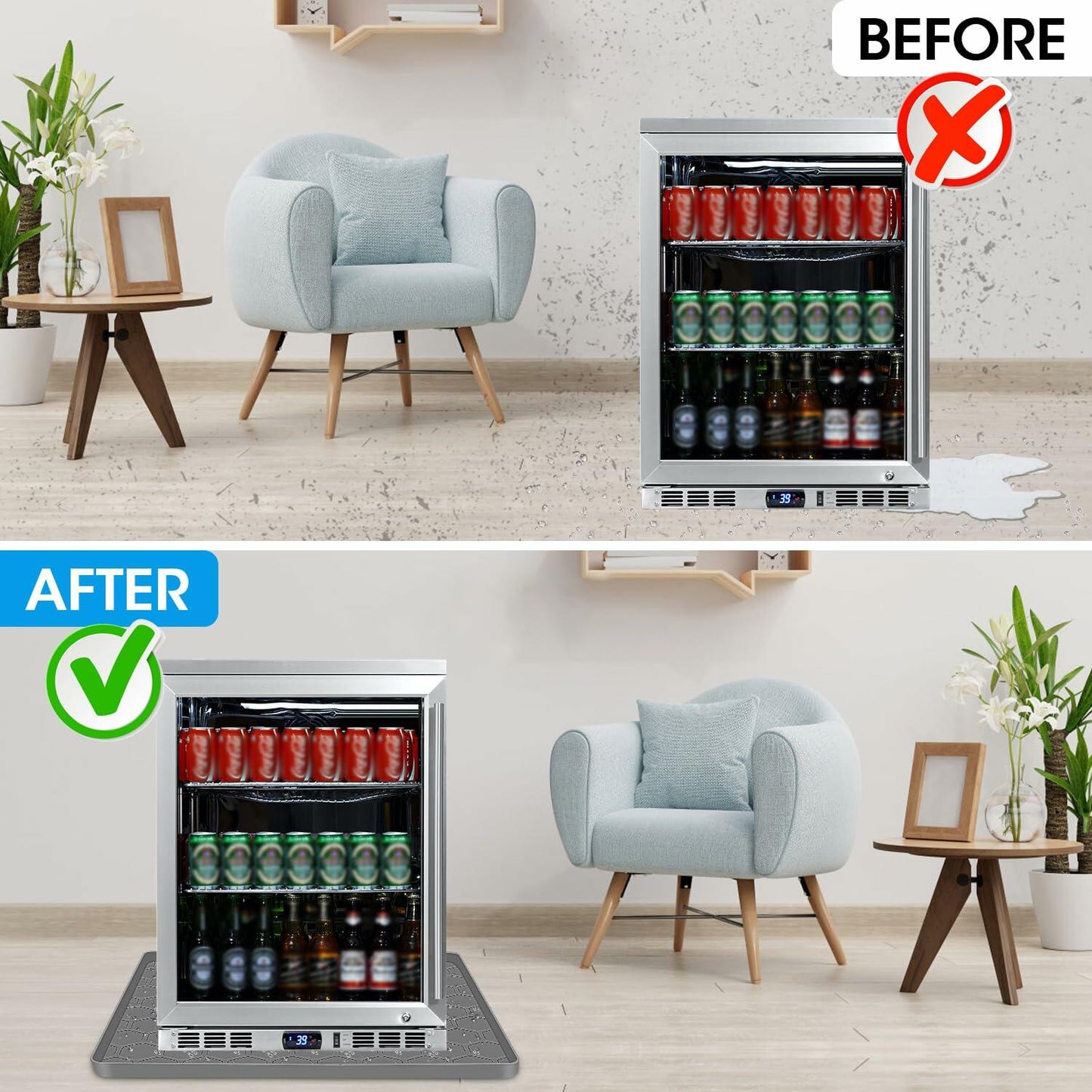 Winceed 23" Mini Fridge Silicone Mat Grey with Raised Edge & 4 Base Raisers