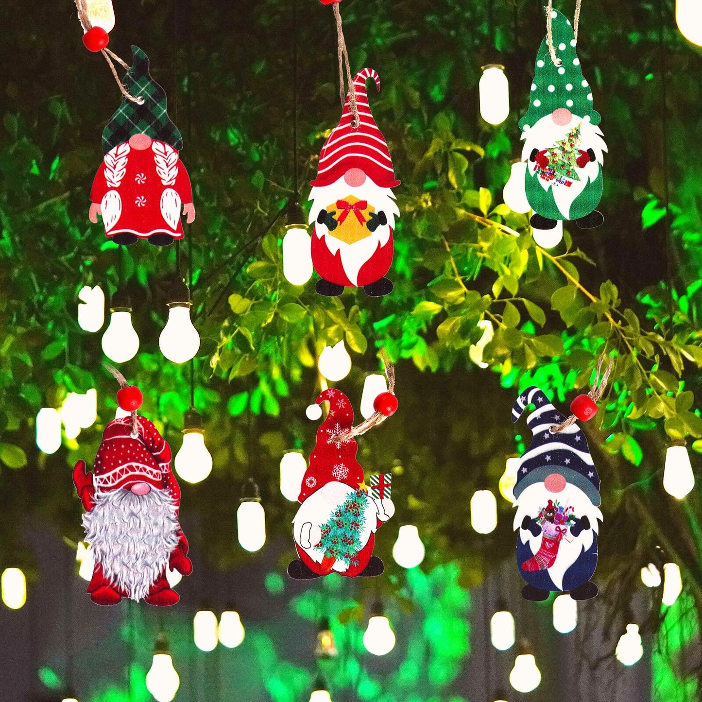 Sucrain 24pcs Christmas Gnome Wooden Ornaments Set Holiday Hanging Decor