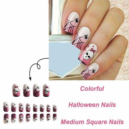 RIICFDD Halloween Spider Web Kawaii Skull Pink Gradient Short Square Nails 24
