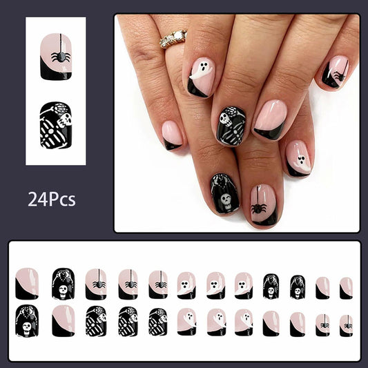 24Pcs French Tip Press On Nails Short Square Ghost Spider Halloween Design