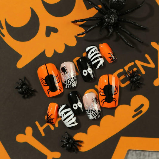 24Pcs Square Medium Press On Nails Halloween Spider Web Design False Nails