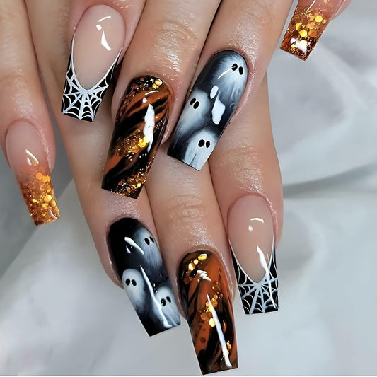 24 Pcs Halloween French Tip Press On Nails Long Coffin Design Ghost Spider