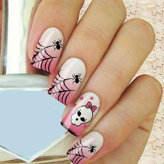 RIICFDD Halloween Spider Web Kawaii Skull Pink Gradient Short Square Nails 24
