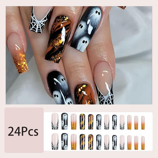 24 Pcs Halloween French Tip Press On Nails Long Coffin Design Ghost Spider