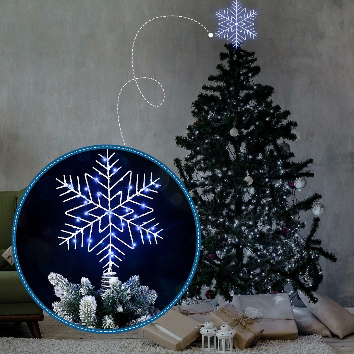 VIHOSE 12" Lighted Snowflake Tree Topper Metal Battery Operated Xmas Decor
