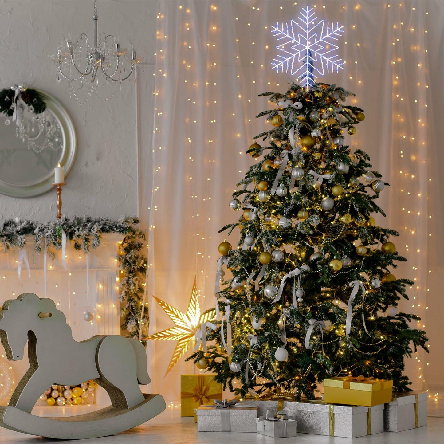 VIHOSE 12" Lighted Snowflake Tree Topper Metal Battery Operated Xmas Decor