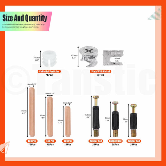 Tanstic 270Pcs 3-in-1 Furniture Connectors Kit Cam Lock Fasteners