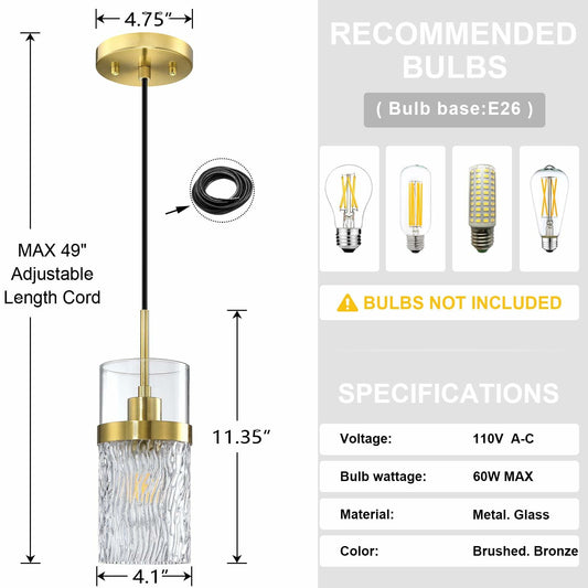 RAINLIGHTING 3 Pack Kitchen Island Pendant Light Clear Grey Glass Bronze