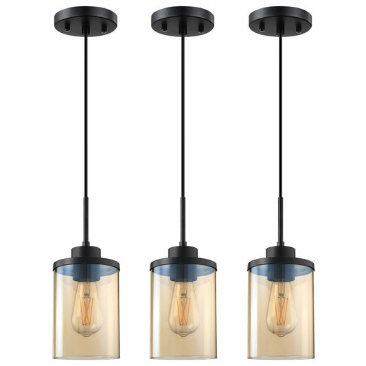 CJY CHENJINYAN 3 Pack 4.3" Amber Glass Pendant Lights Black Finish