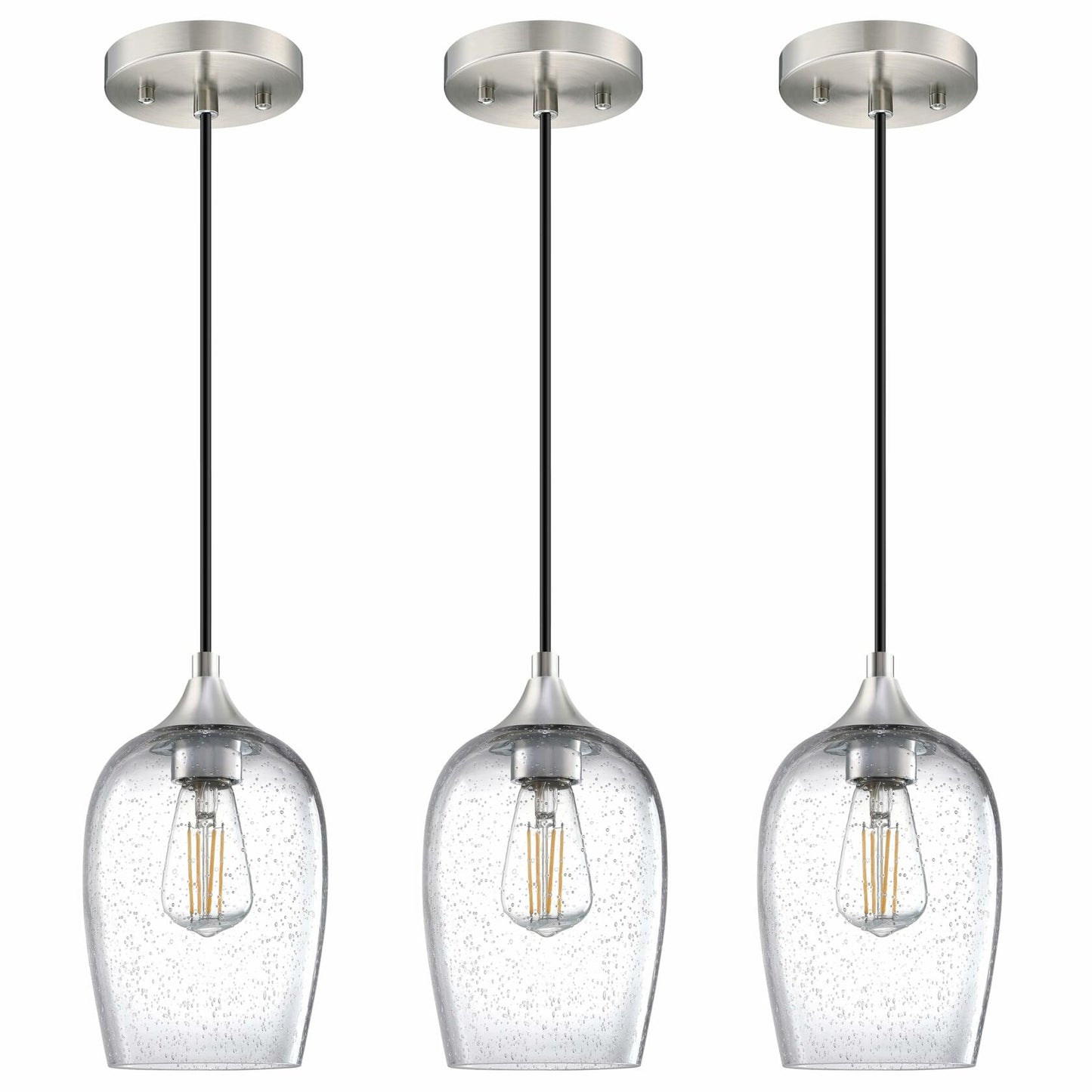 3 Pack Globe Pendant Light 5.1" Clear Seeded Glass Brushed Nickel Modern