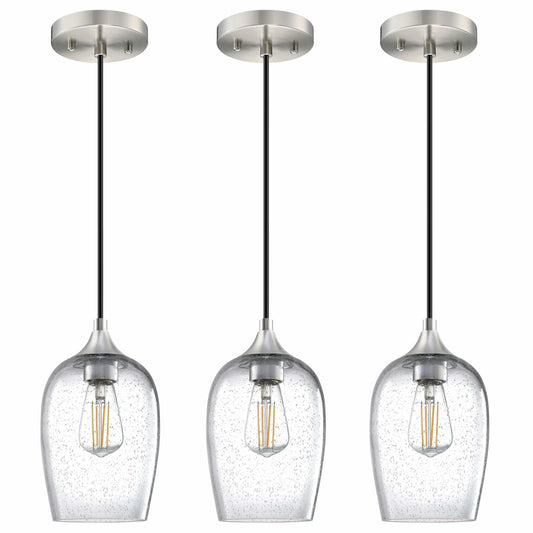 3 Pack Globe Pendant Light 5.1" Clear Seeded Glass Brushed Nickel Modern