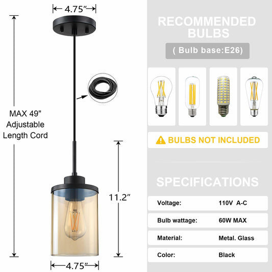 CJY CHENJINYAN 3 Pack 4.3" Amber Glass Pendant Lights Black Finish