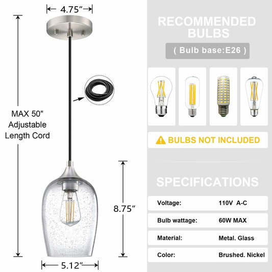 3 Pack Globe Pendant Light 5.1" Clear Seeded Glass Brushed Nickel Modern