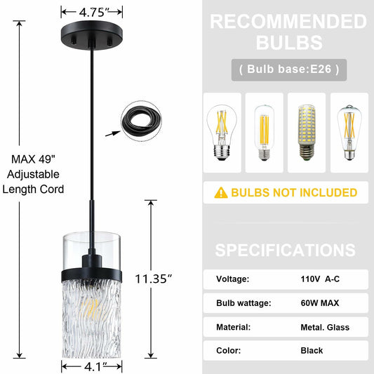 RAINLIGHTING 3 Pack Kitchen Island Pendant Lights Clear Grey Glass Black