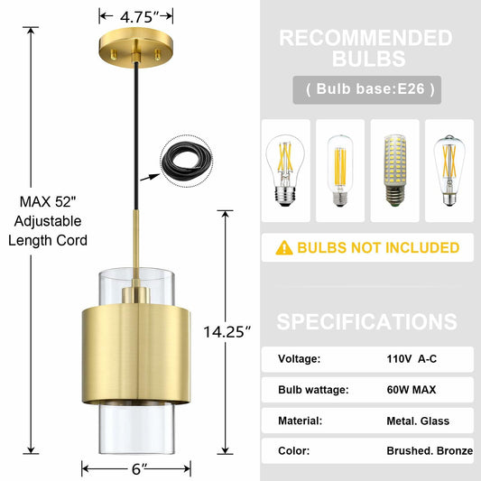 3 Pack Globe Electric 6" Clear Glass Pendant Lights Brushed Bronze Finish