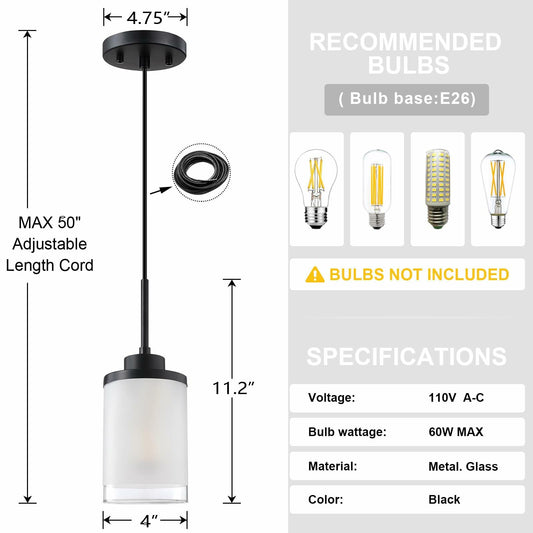 Doraimy 3-Pack 3.9" Grey Glass Pendant Lights Black Finish Modern Farmhouse