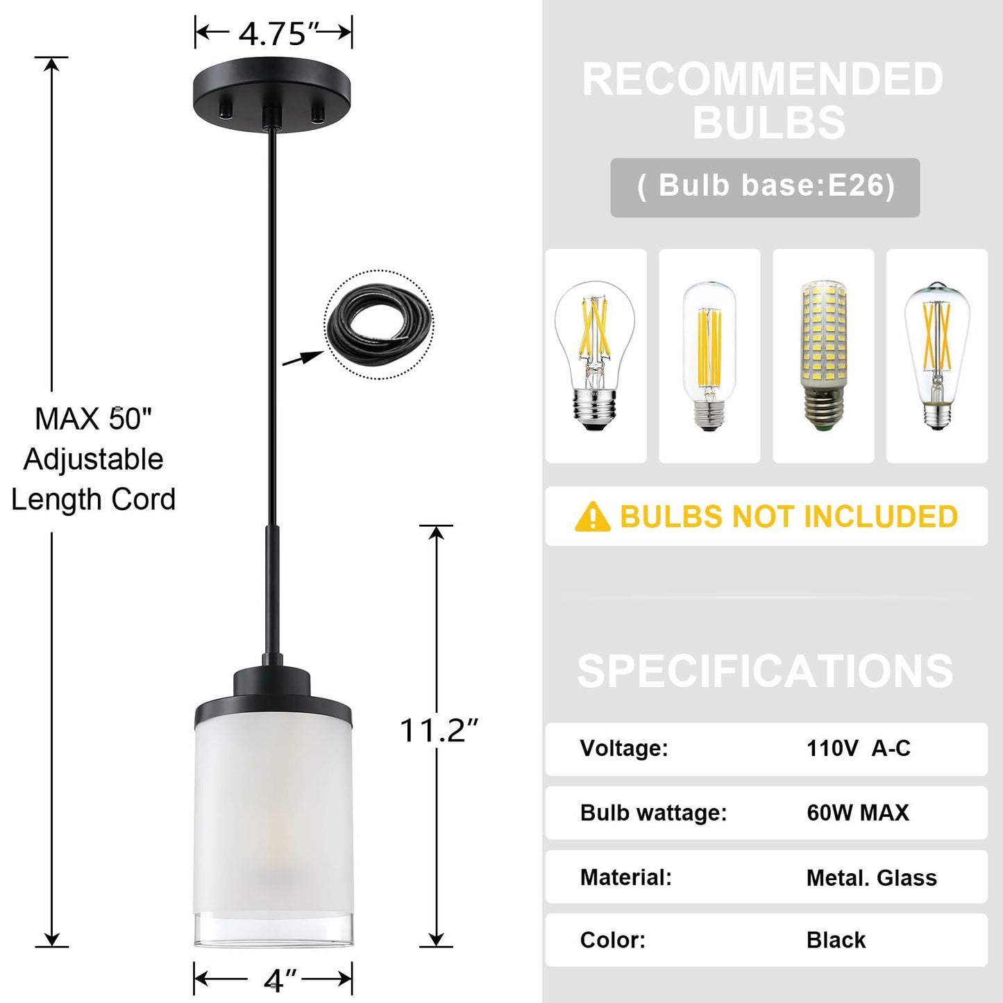 Doraimy 3-Pack 3.9" Grey Glass Pendant Lights Black Finish Modern Farmhouse