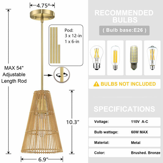 Dolaimi 2 Pack Adjustable Industrial Pendant Light 6.9" Rattan Bronze