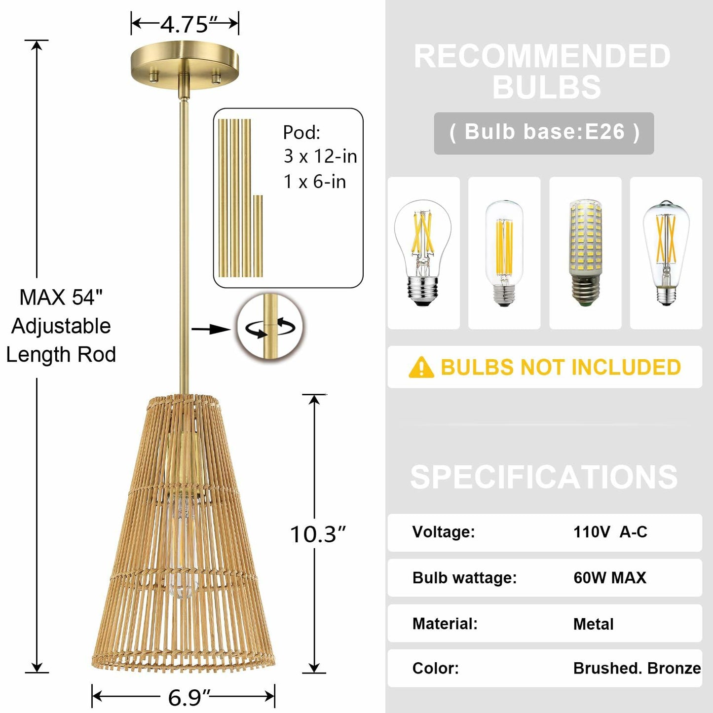 Dolaimi 2 Pack Adjustable Industrial Pendant Light 6.9" Rattan Bronze